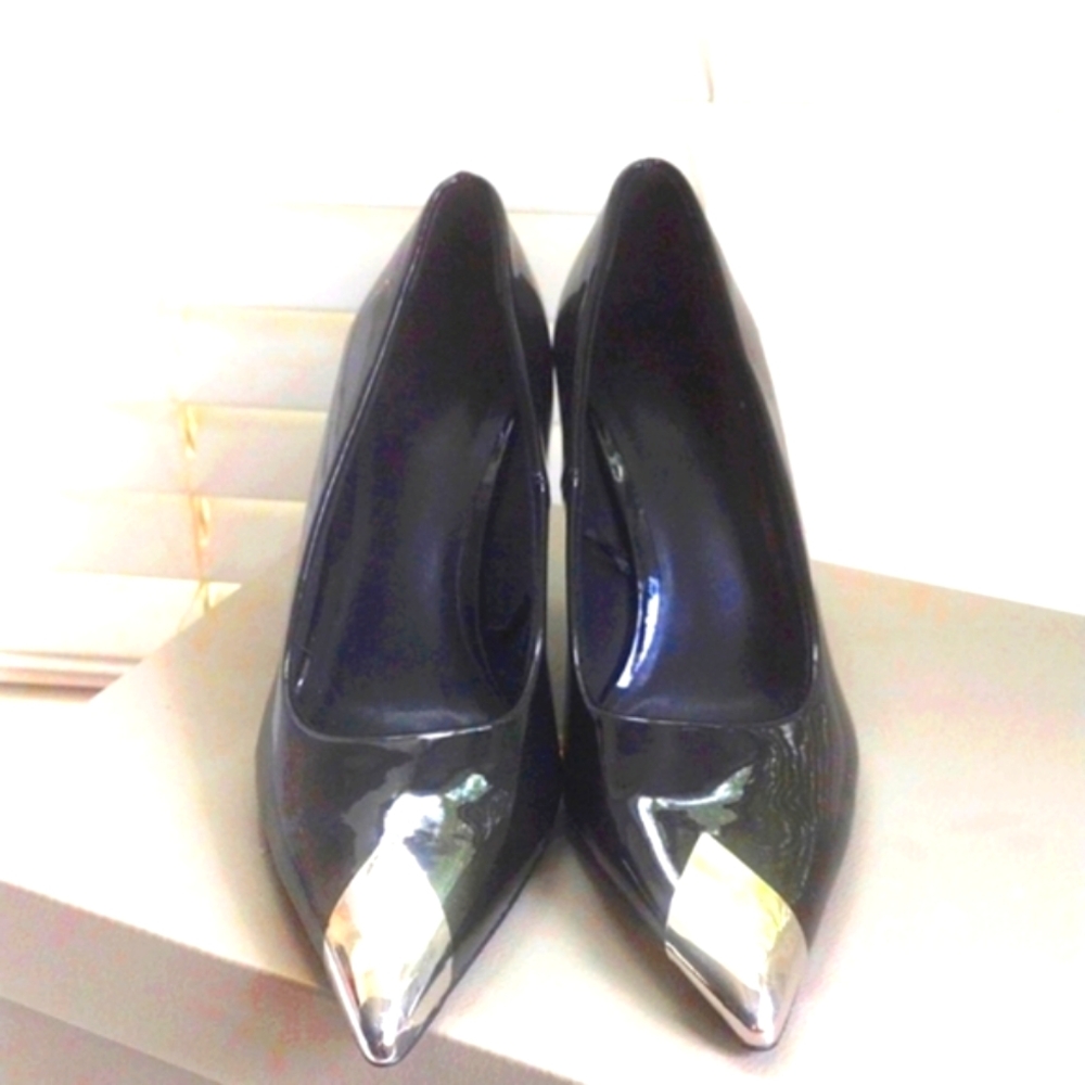 H&M Black Patent Pointed Toe Heels with Silver Cap
